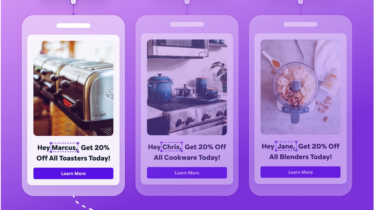 Braze product graphic of three phones, each showing a sale offer addressed to a different customer by name: toasters, cookware and blenders