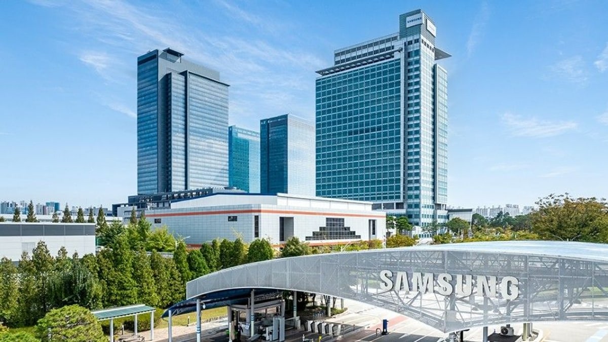 Samsung office towers and a curved gateway bearing the Samsung name, from Samsung's Helix announcement