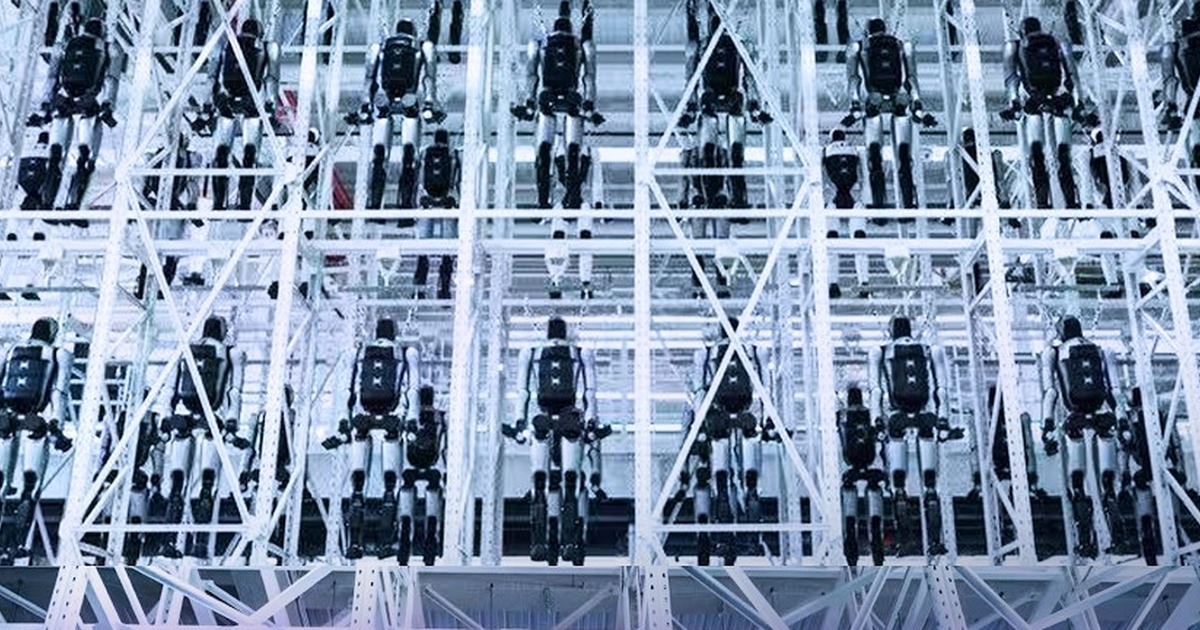 Rows of UBTECH Walker-series humanoids stored in a multi-tier factory rack at the Liuzhou plant