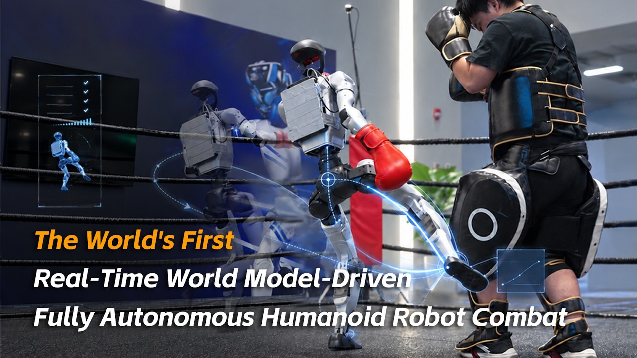 Official Unitree Robotics YouTube still: G1 humanoid sparring in UnifoLM-X2 autonomous combat demo