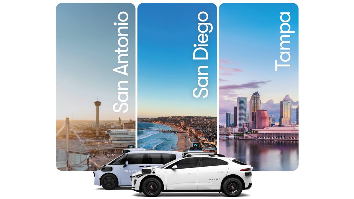 Waymo image of two of its driverless cars in front of skyline photos of San Antonio, San Diego and Tampa