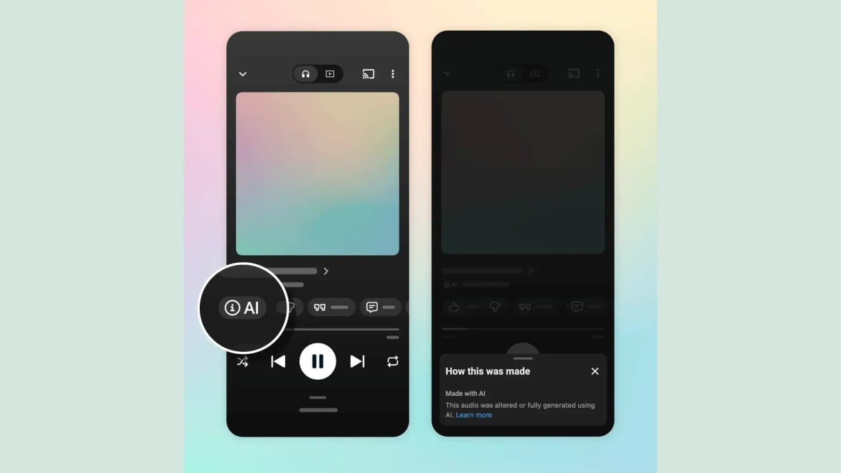 Two phone screens from YouTube Music: a song player with a small AI label circled, and the menu it opens, headed How this was made